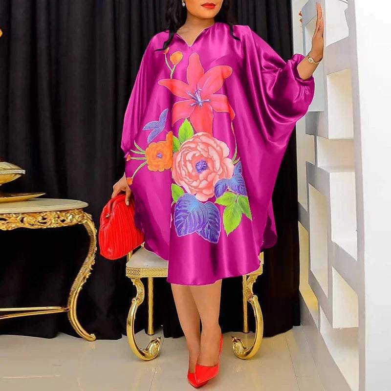 Plus Size 5XL VONDA Women Bohemian Long Sundress Autumn Floral Printed Elegant Midi Dress 3/4 Bat Sleeve Casual Loose Retro Robe